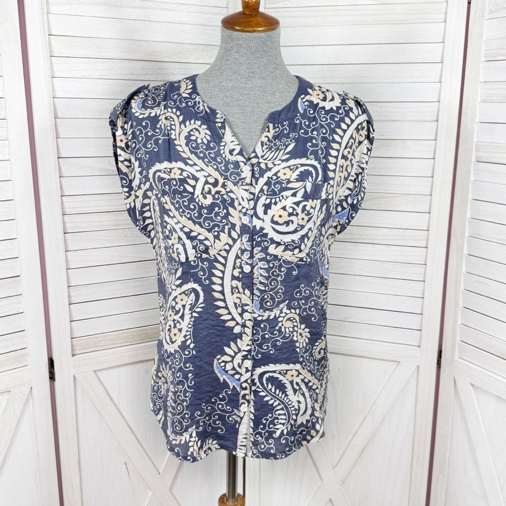 Van Heusen Paisley Cap Sleeve Button Front Shirt Blouse Blue XS